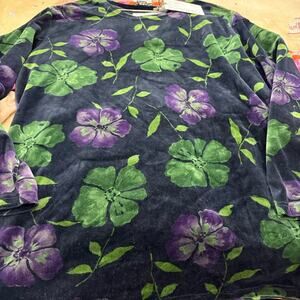 Chaus Navy Blouse with Green and Purple Floral Design